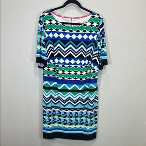 Eliza J Blue and Green‎ Sheath Dress 1/2 Sleeve Crew Neck